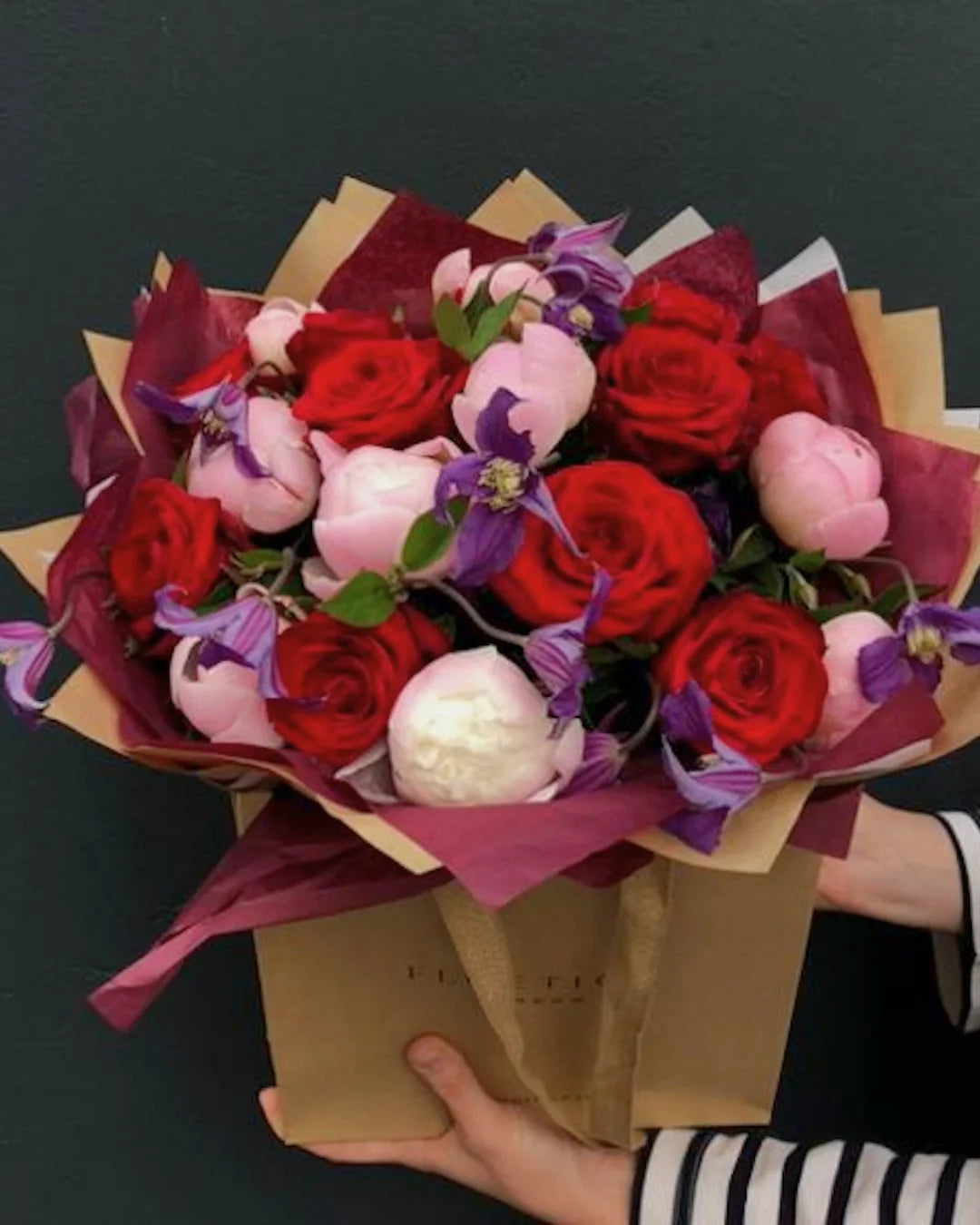 Elena — Pink Peony & Velvet Red Rose Bouquet