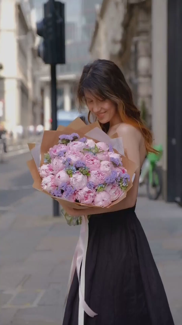 Sarah pink peony and soft lavender bouquet by Floetica London